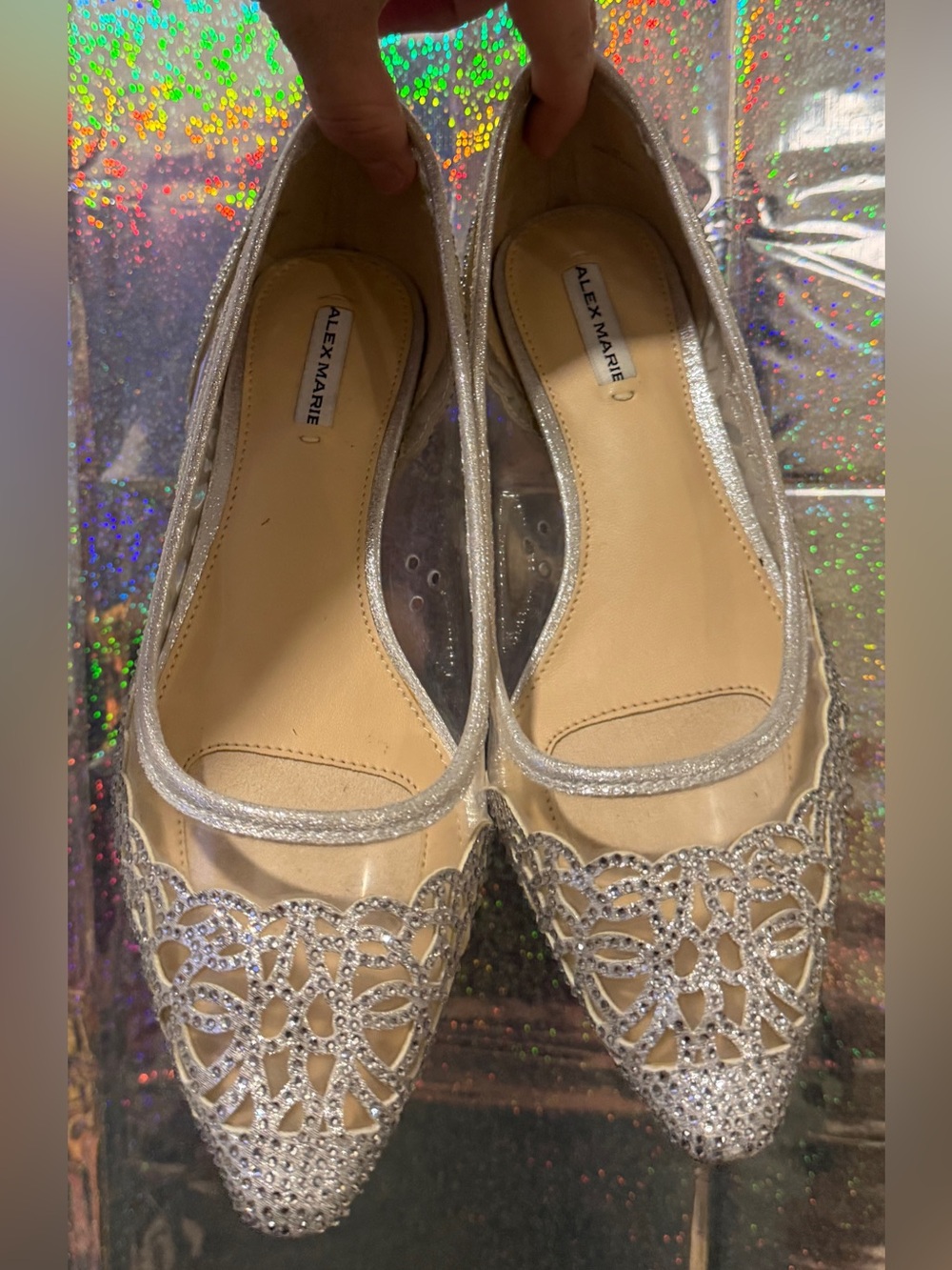 Alex Marie Silver Rhinestone Embellished Block Heel Pumps | Size 6.5